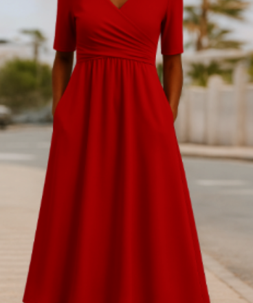 Women's Stylish V-Neck 3/4 Sleeve Wrap Dress | Midi