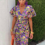 Women's Puffed Sleeves Slim Dress | Midi