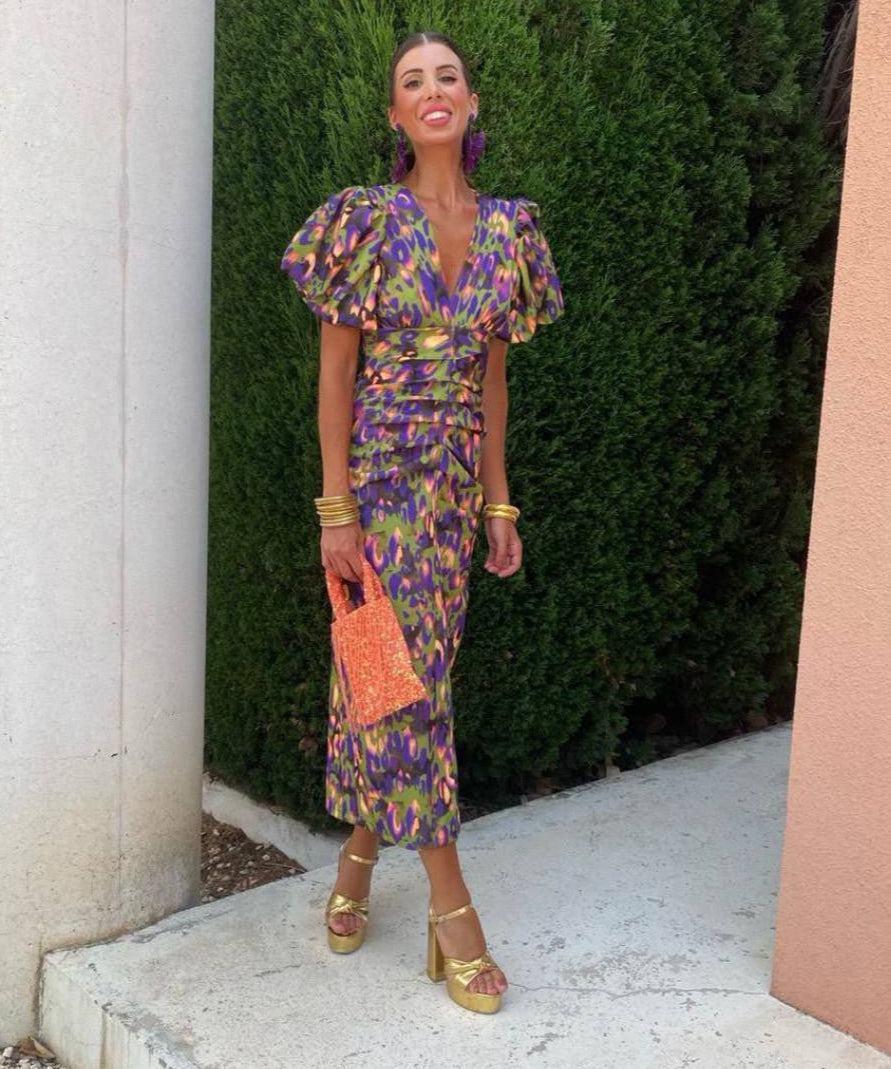 Women's Puffed Sleeves Slim Dress | Midi