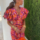 Women's Puffed Sleeves Slim Dress | Midi