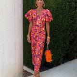 Women's Puffed Sleeves Slim Dress | Midi