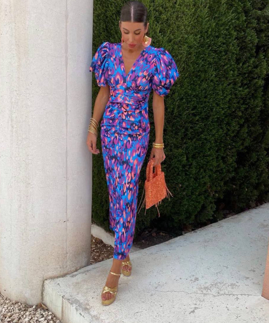 Women's Puffed Sleeves Slim Dress | Midi