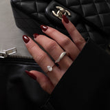 Silver Solitaire Ring - Oval Crystal Stone - Polished Silver Tone - Stainless Steel