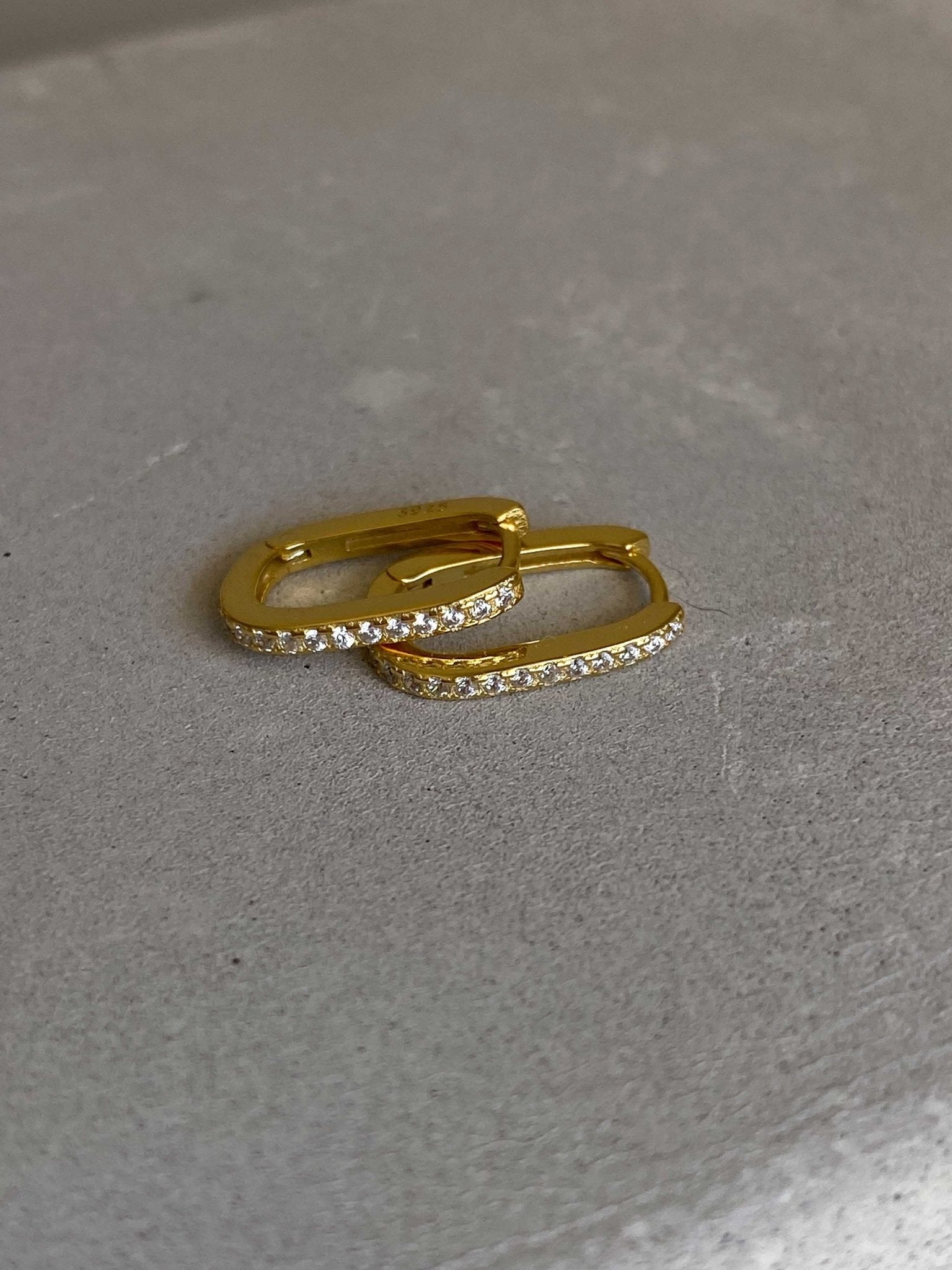Gold Rectangular Hoop Earrings with Cubic Zirconia – Dainty Huggie Style