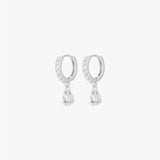 Silver Hoop Earrings - Teardrop Zirconia Charm - Polished Silver Tone