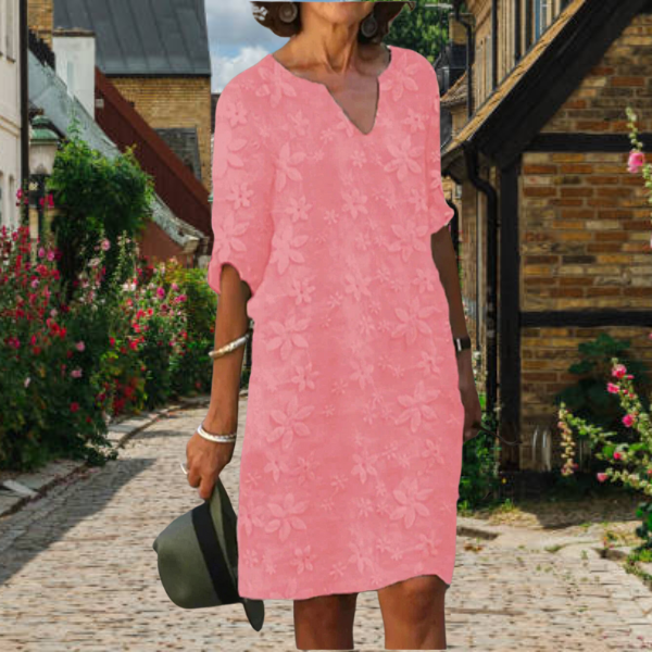 Women's V Neck Floral Design Summer Dress with 3/4 Sleeves | Mini