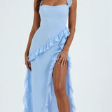 Women's Ruffle Wedding Guest Dress with High Slit | Maxi