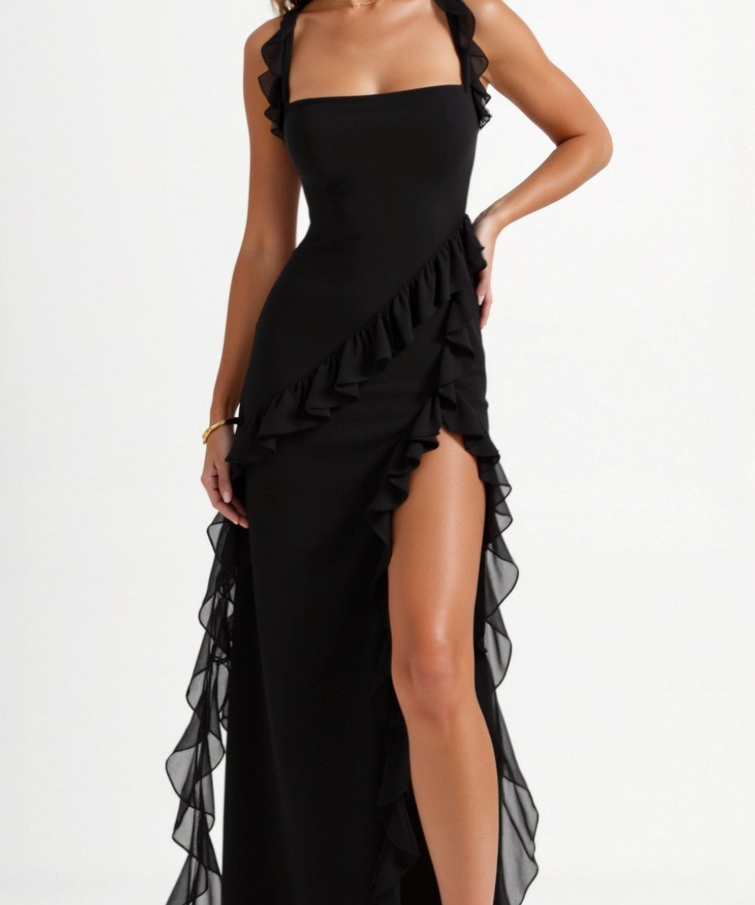 Women's Ruffle Wedding Guest Dress with High Slit | Maxi