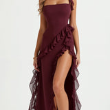 Women's Ruffle Wedding Guest Dress with High Slit | Maxi