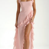 Women's Ruffle Wedding Guest Dress with High Slit | Maxi