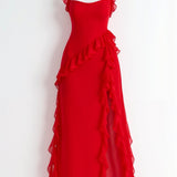Women's Ruffle Wedding Guest Dress with High Slit | Maxi
