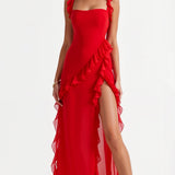 Women's Ruffle Wedding Guest Dress with High Slit | Maxi