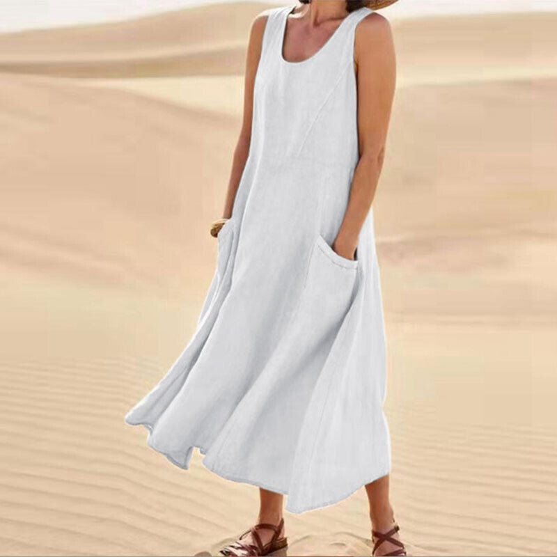 Women's Round Neck Sleeveless Summer Midi Dress | With Pockets