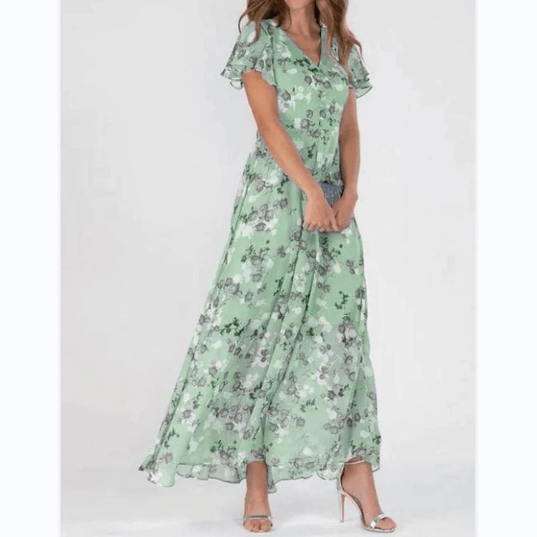 Women's V Neck Floral Short Sleeves Dress | Midi