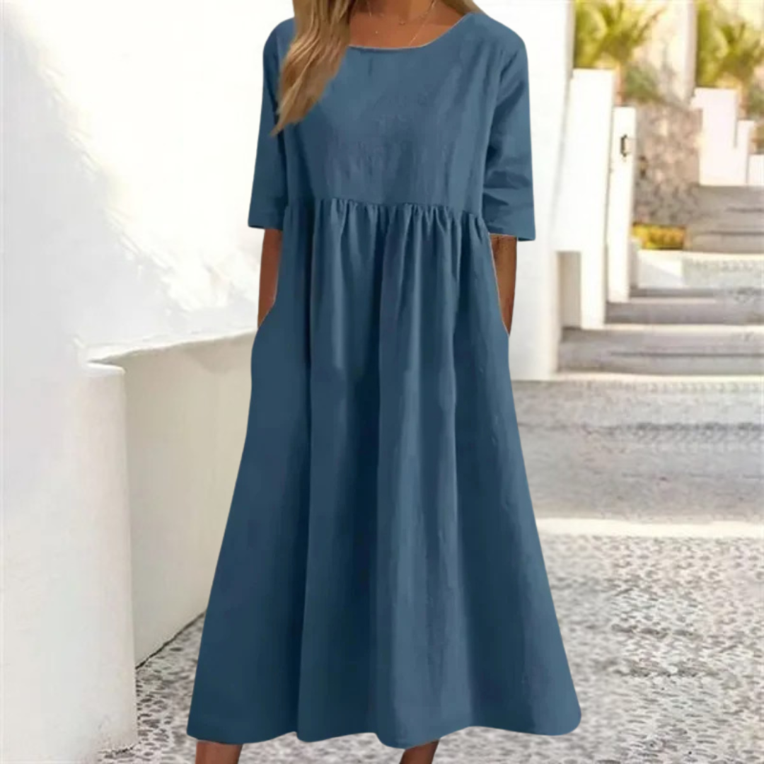 Women's A-Line 3/4 Sleeve Round Neck Summer Dress | Midi