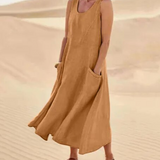 Women's Round Neck Sleeveless Summer Midi Dress | With Pockets