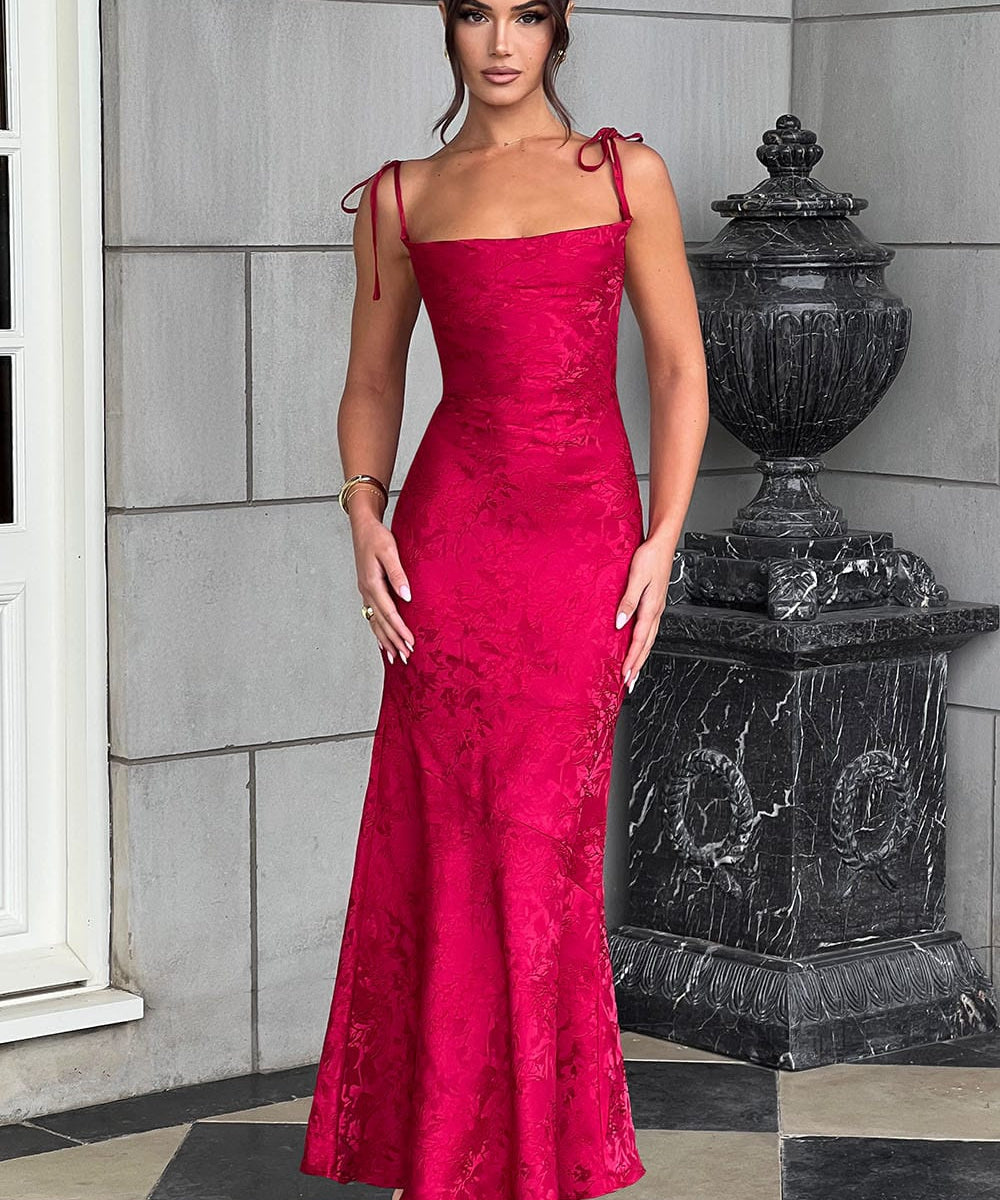 Women's Fitted Wedding Guest Dress with Tie Straps | Maxi